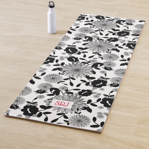 Black White Gray Florals 2_sided Design monogram Y Yoga Mat