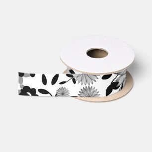 Black White Gray Florals Design Satin Ribbon