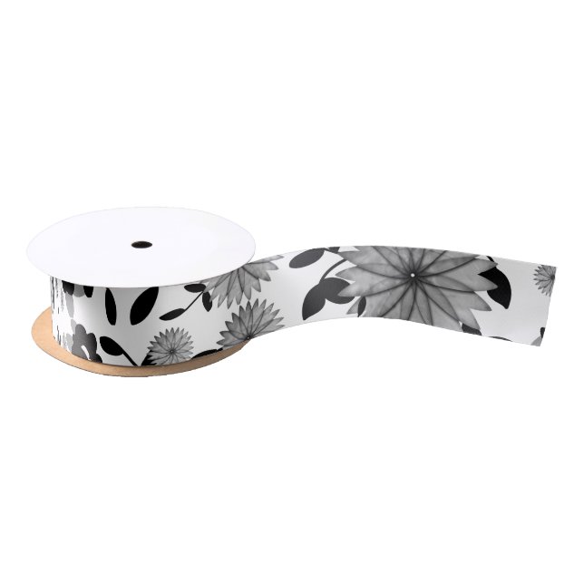Black White Gray Florals Design Satin Ribbon (Spool)
