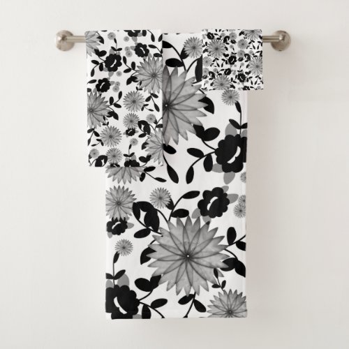 Black White Gray Flower Design Bath Towel Set
