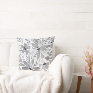 Black, White, Gray Flowers and leaves Throw Pillow