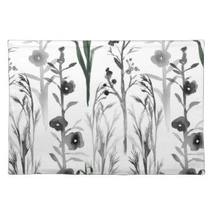 Black White Gray Flowers Plants Watercolor Cloth Placemat