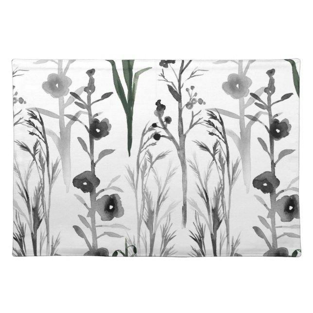 Black White Gray Flowers Plants Watercolor Cloth Placemat (Front)