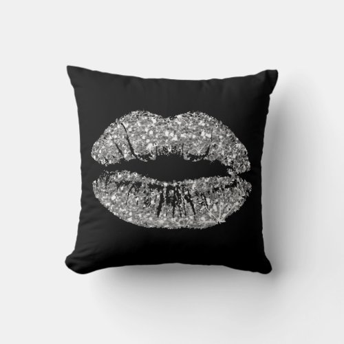 Black White Gray Glitter Kiss Lips Makeup Sparkly Throw Pillow