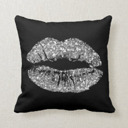 Black White Gray Glitter Kiss Lips Makeup Sparkly Throw Pillow