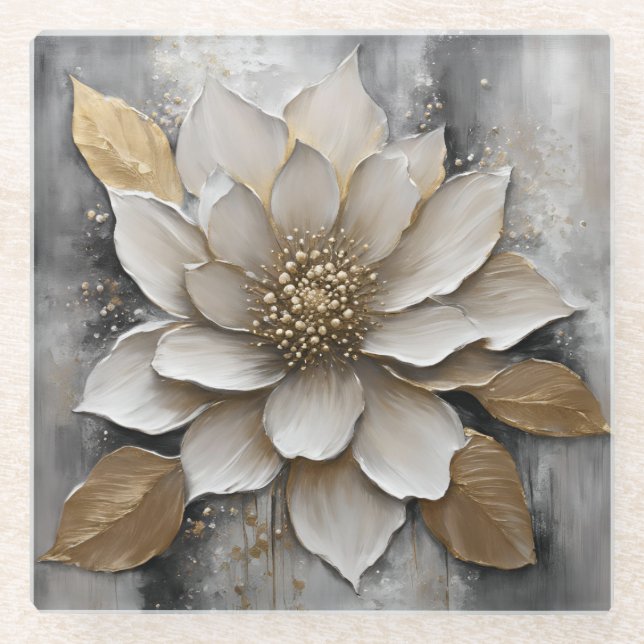 Black White Gray Gold Flower Print Glass Coaster (Front)