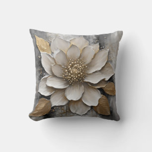 Black White Gray Gold Flower Print Throw Pillow