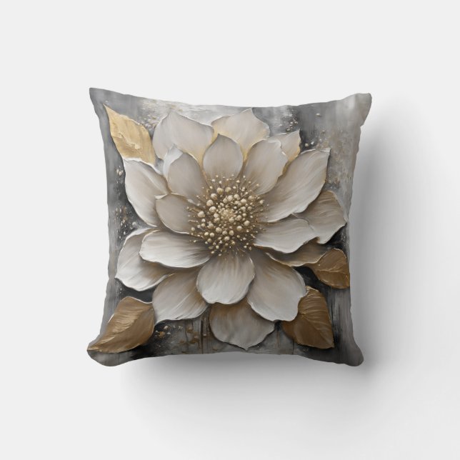 Black White Gray Gold Flower Print Throw Pillow (Front)