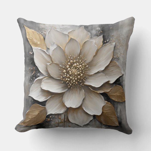 Black White Gray Gold Flower Print Throw Pillow (Front)