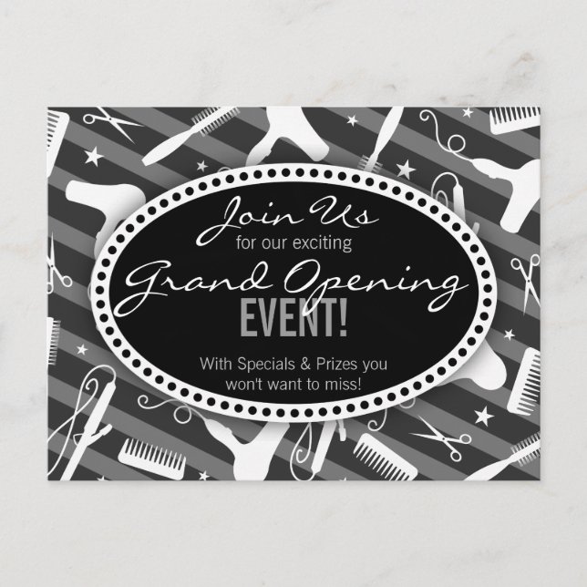 Black White & Gray Hair Salon Grand Opening Invitation Postcard (Front)