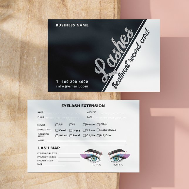 Black White Gray Lash Client Extension Map Business Card (Iridescent Blue Lash Record Extension Map Business Card)
