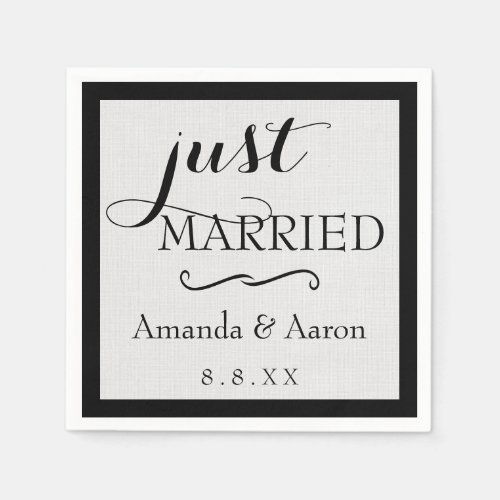 Black White Gray Linen Classic Just Married Napkins