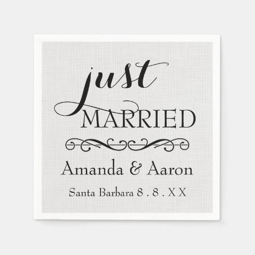 Black White Gray Linen Wedding Just Married Napkins