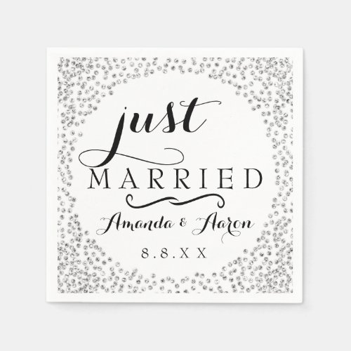 Black White Gray Lux Confetti Wedding Just Married Napkins