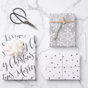 Black white & gray Merry Christmas Snowflakes set Wrapping Paper Sheets