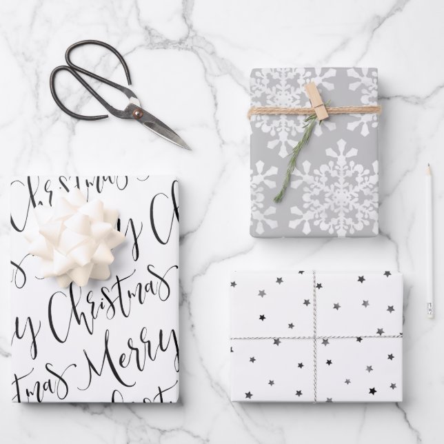 Black white & gray Merry Christmas Snowflakes set Wrapping Paper Sheets (Front)