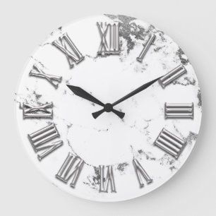 Black White Gray Metal Marble Stone Roman Number Large Clock