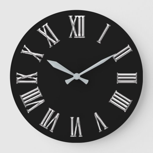 Black White Gray Metal Minimal Silver Roman Number Large Clock