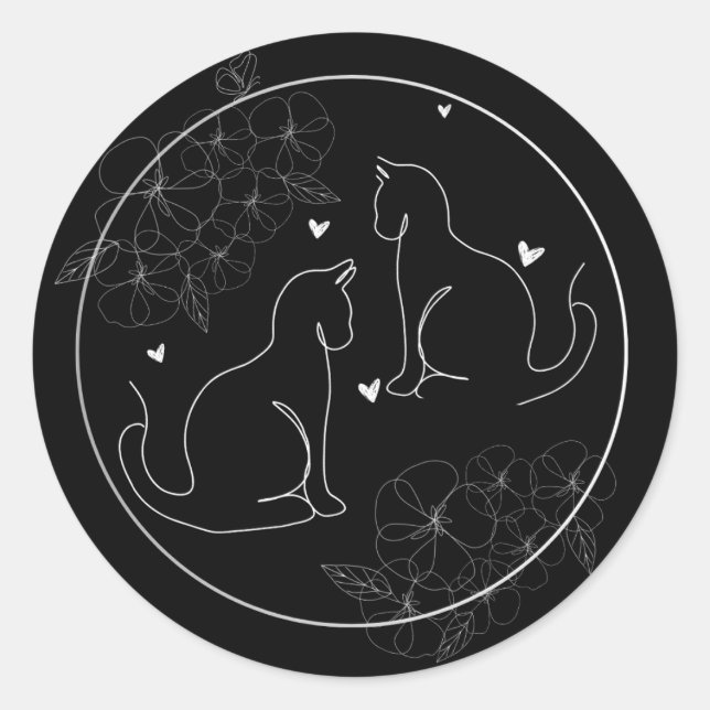 Black White Gray Minimal Drawn Floral Cat Sticker (Front)