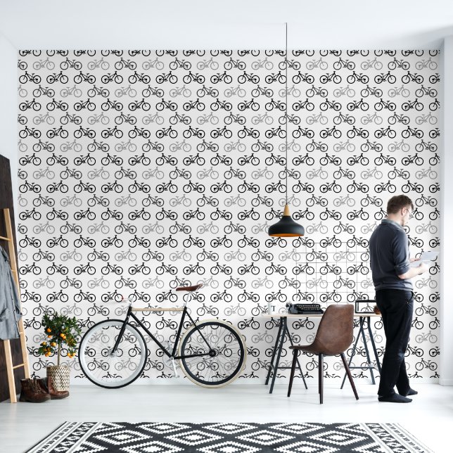 Black White Gray Monochromatic Bicycles Design Wallpaper (Living Room)