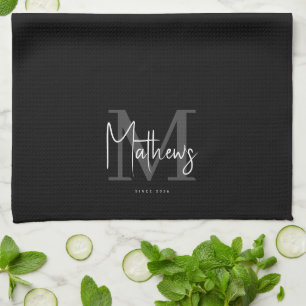 Black White Gray Monogram Family Name Kitchen Towel