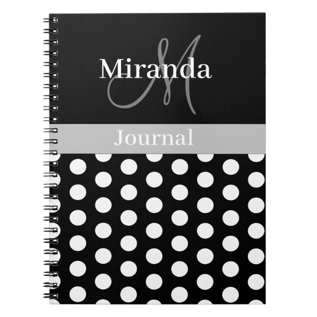 Black White Gray Monogram Script Polka Dot Notebook (Front)