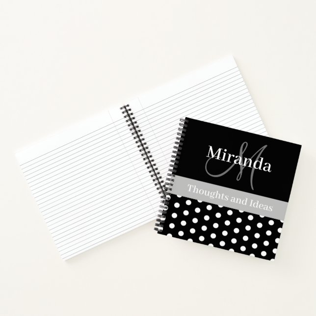 Black White Gray Monogram Script Polka Dots Notebook (Inside)