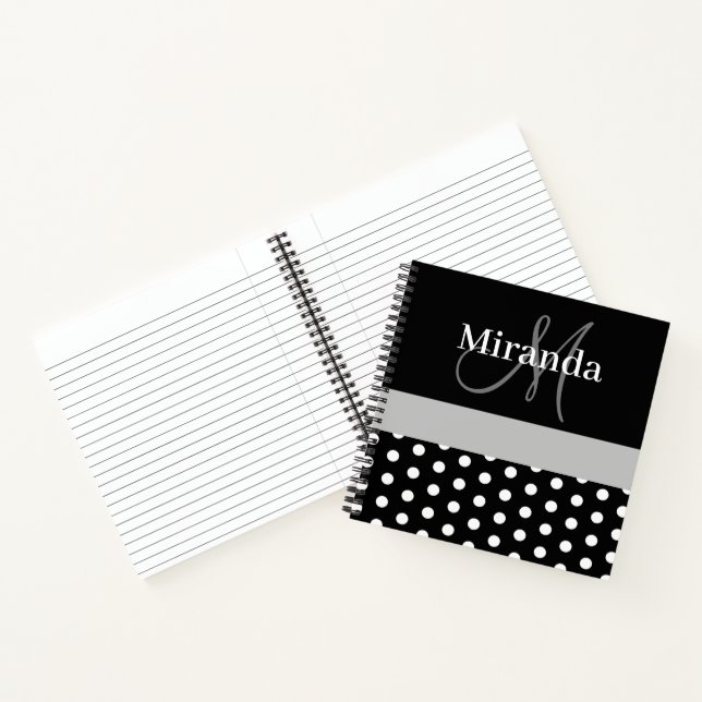 Black White Gray Monogram Script Polka Dots Notebook (Inside)