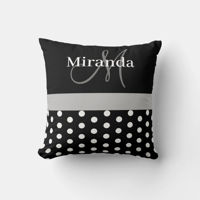 Black White Gray Monogram Script Polka Dots Throw Pillow (Front)
