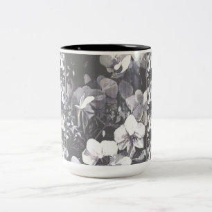 Black, White, Gray, orchid grain multi floral Two-Tone Coffee Mug
