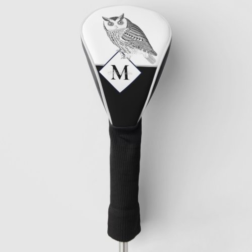 Black White Gray Owl Monogram Name Golf Head Cover