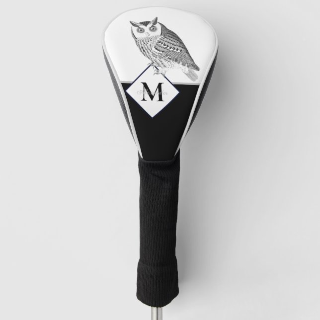 Black White Gray Owl Monogram Name Golf Head Cover (Front)
