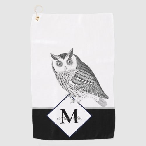 Black White Gray Owl Monogram Name  Golf Towel