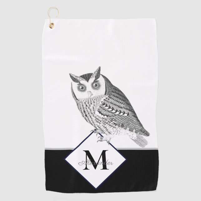 Black White Gray Owl Monogram Name  Golf Towel (Front)