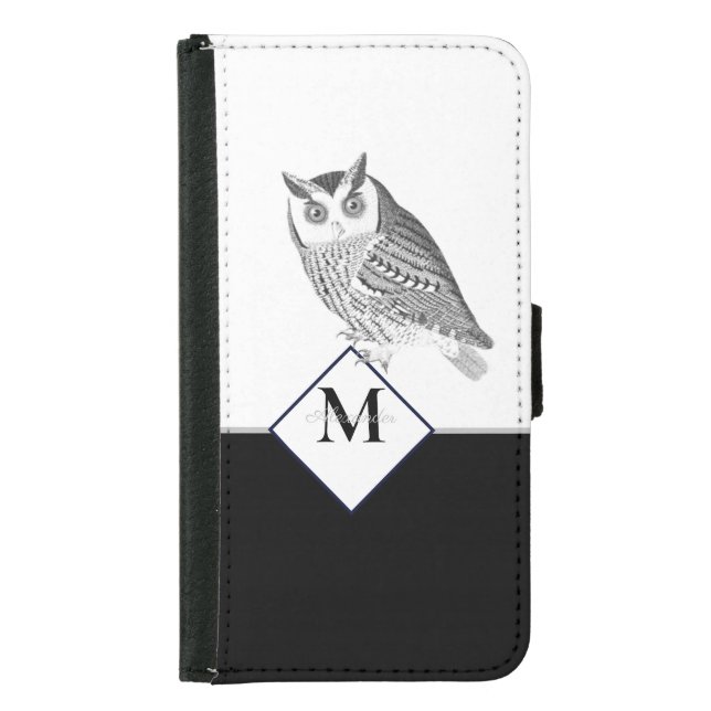 Black White Gray Owl Monogram Name Samsung Galaxy Wallet Case (Front)