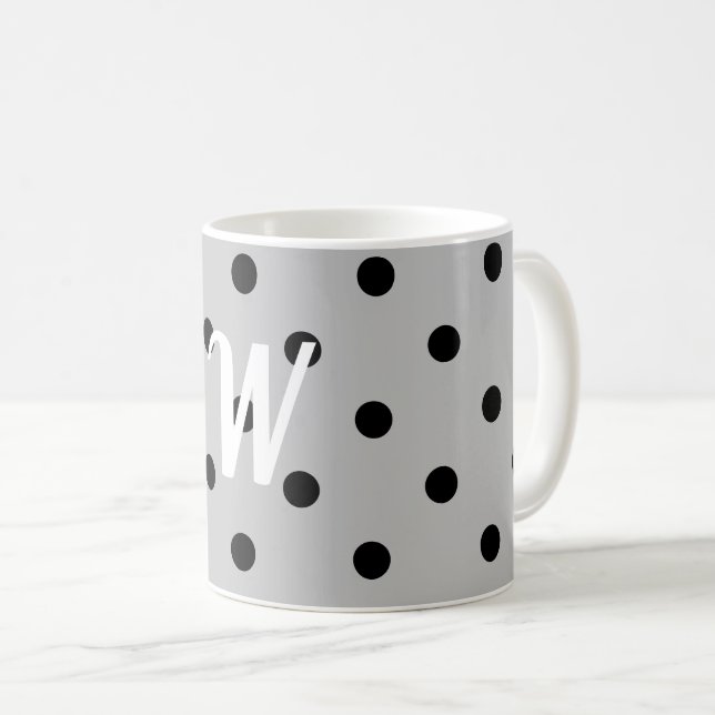 Black white & gray, polka dots, monogram coffee mug (Front Right)