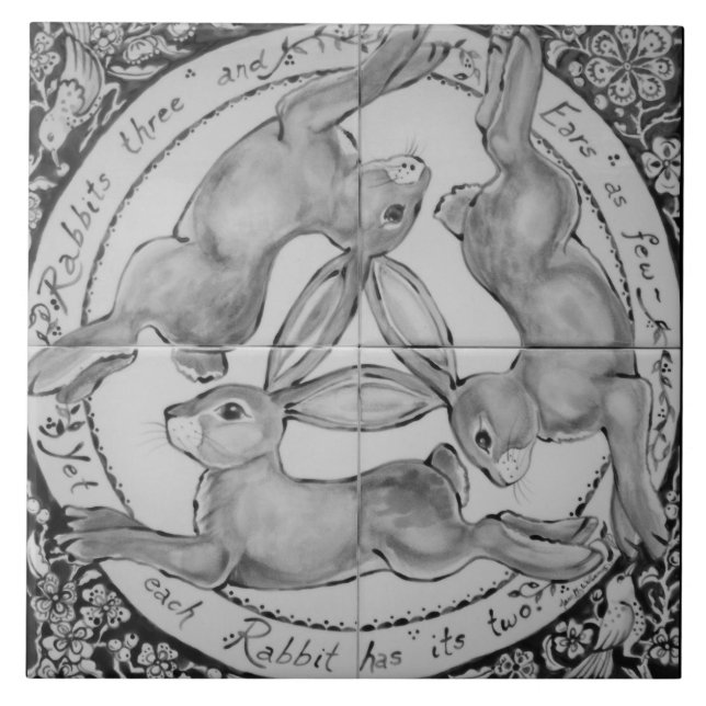 Black & White Gray Rabbit Three Hares Gift Bird Ceramic Tile (Front)