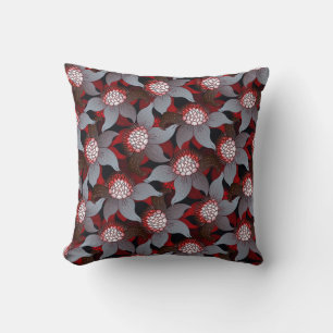 Black White Gray & Red Bold Floral Pattern Throw Pillow
