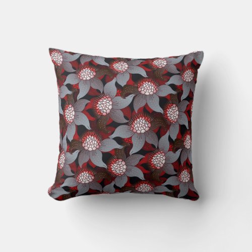 Black White Gray  Red Bold Floral Pattern Throw Pillow