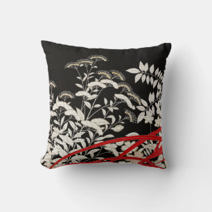Black White Gray & Red Elegant Kimono Print Throw Pillow
