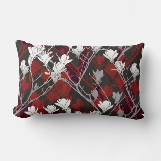 Black White Gray & Red Floral Design Lumbar Pillow (Front)