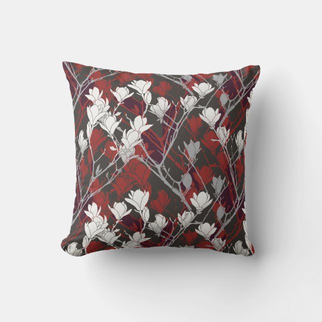 Black White Gray & Red Floral Design Outdoor Pillow (Front)
