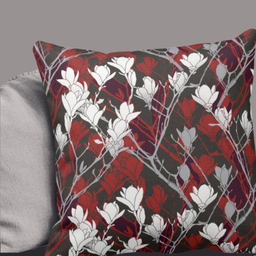 Black White Gray  Red Floral Design Throw Pillow