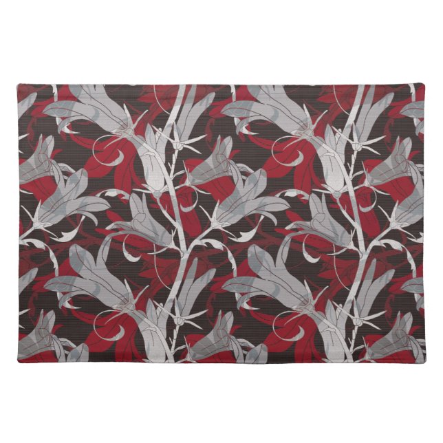 Black White Gray & Red Lily Floral Pattern Cloth Placemat (Front)