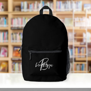 Black White Gray Script Monogram Printed Backpack