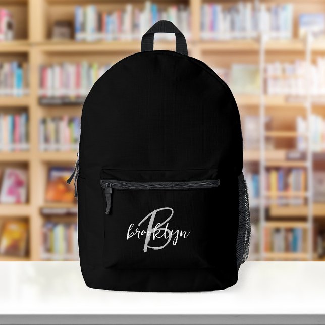 Black White Gray Script Monogram  Printed Backpack (Creator Uploaded)