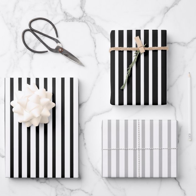 Black, White, Gray, Stripes Set of 3 Wrapping Paper Sheets (Front)