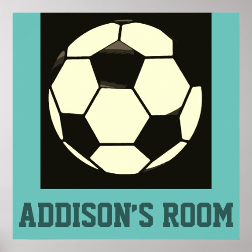 Black White Gray Teal Blue Soccer Ball Custom Name Poster