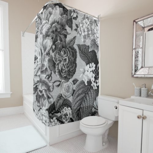 Black  White Gray Tone Vintage Floral Toile No1 Shower Curtain