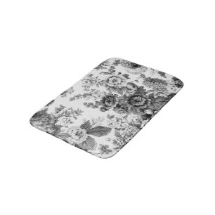 Black & White Gray Tone Vintage Floral Toile No.3 Bath Mat